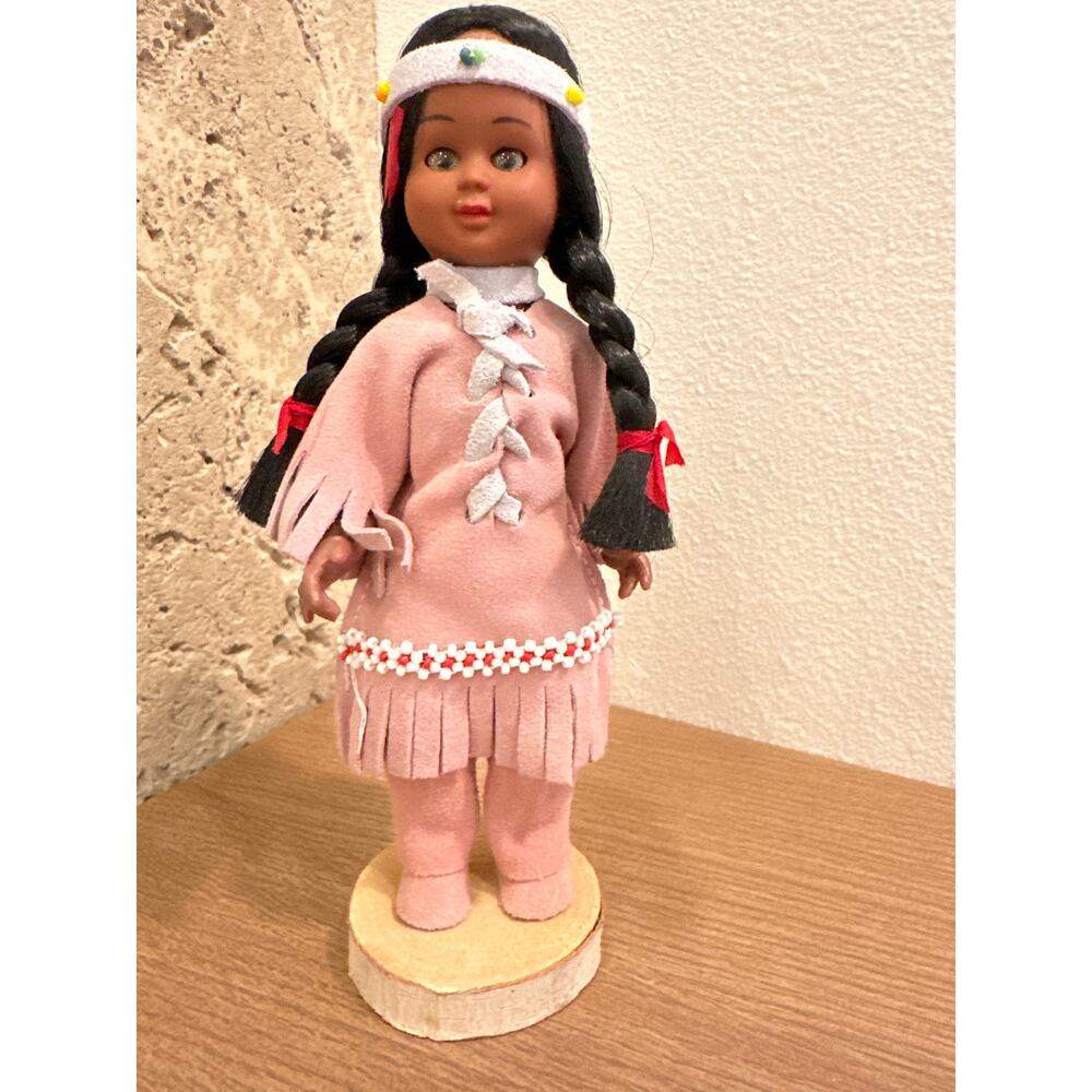 Vintage Doll Native American Punk Suede Leather Beaded Braids with Wood Stand 8”